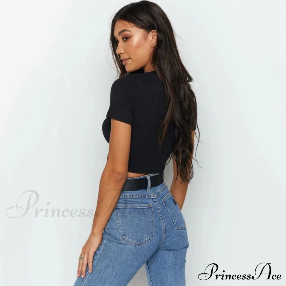 Sexy Streetwear Ribber Black Short Sleeve Tops