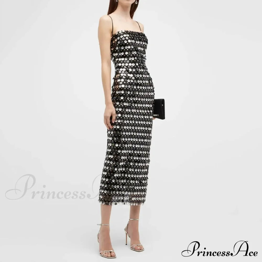 Sexy Suspender Slim Sequin Sleeveless Sling Cocktail Evening Gown Chic Lady Elegant Sequins
