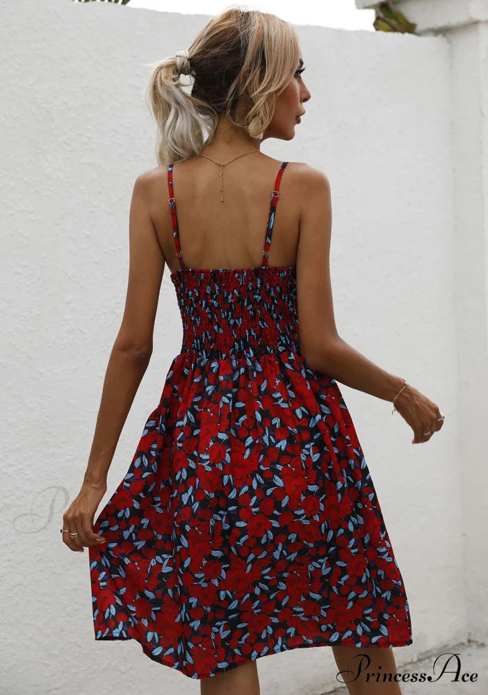 Sexy Suspenders V Neck Mini Skirt Casual Summer Floral Print Dress M / Black Dresses