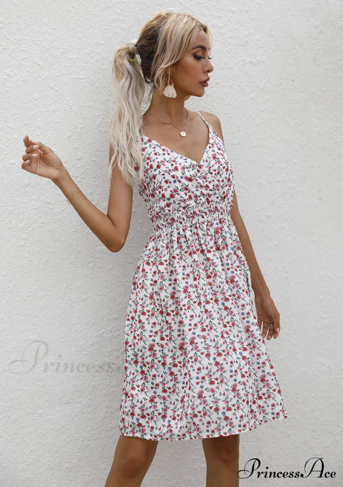 Sexy Suspenders V Neck Mini Skirt Casual Summer Floral Print Dress M / White Dresses