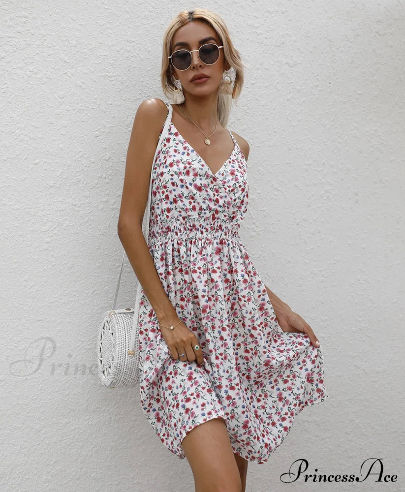 Sexy Suspenders V Neck Mini Skirt Casual Summer Floral Print Dress S / Red Dresses