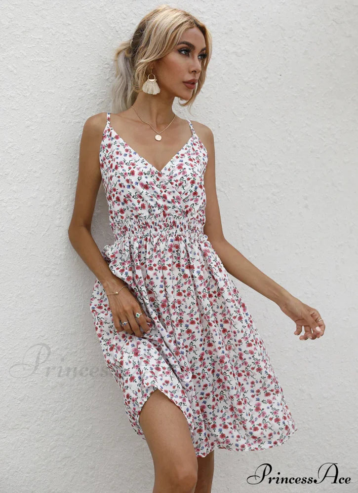 Sexy Suspenders V Neck Mini Skirt Casual Summer Floral Print Dress S / White Dresses