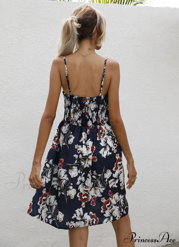 Sexy Suspenders V Neck Mini Skirt Casual Summer Floral Print Dress Xl / Black Dresses