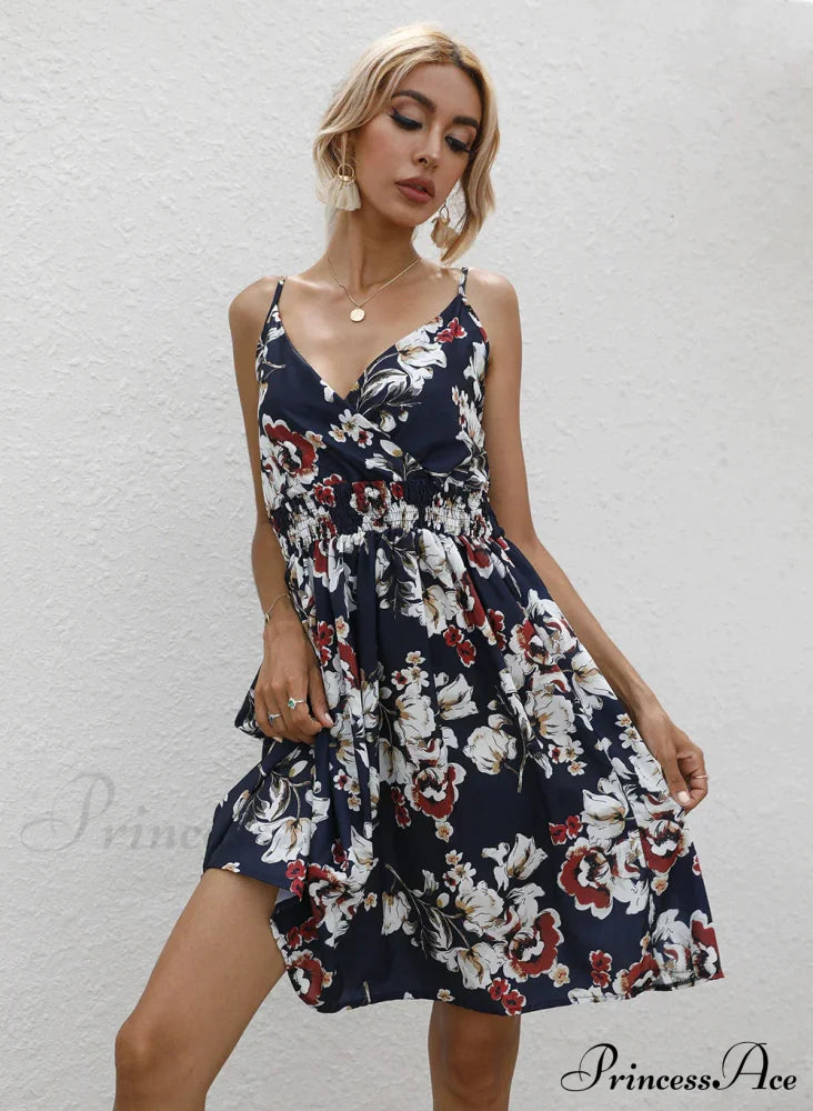 Sexy Suspenders V Neck Mini Skirt Casual Summer Floral Print Dress Xl / Red Dresses