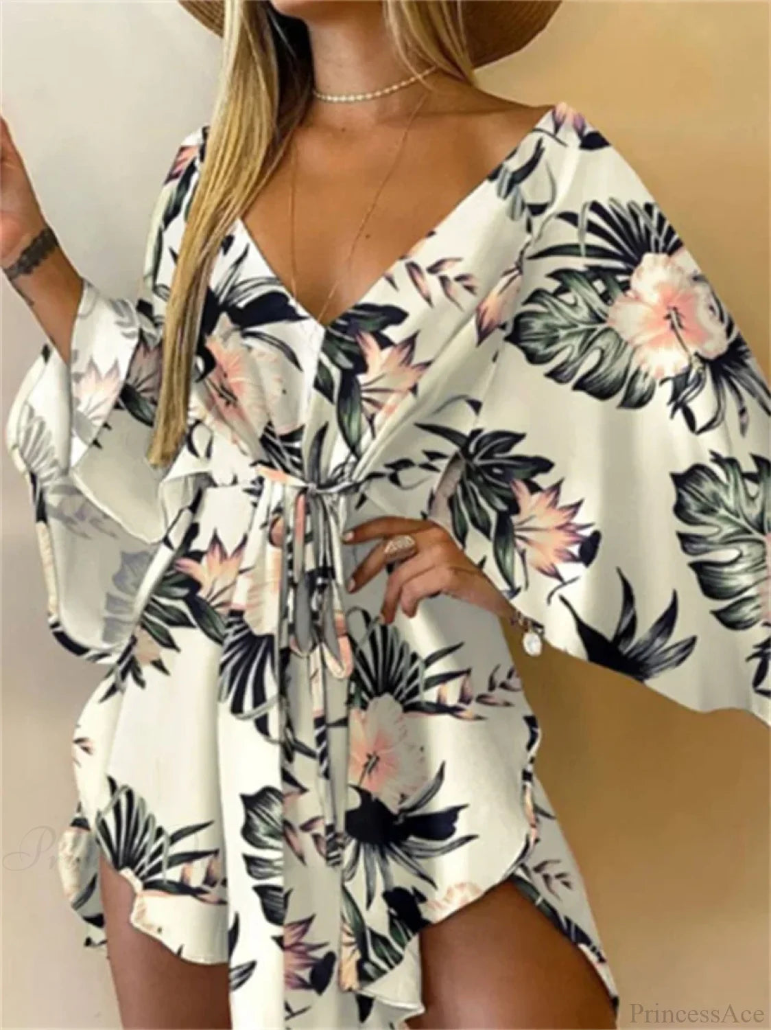 Sexy V-neck Bat Sleeve Bohemian Floral Beach Sundress oldfloraldress-250126