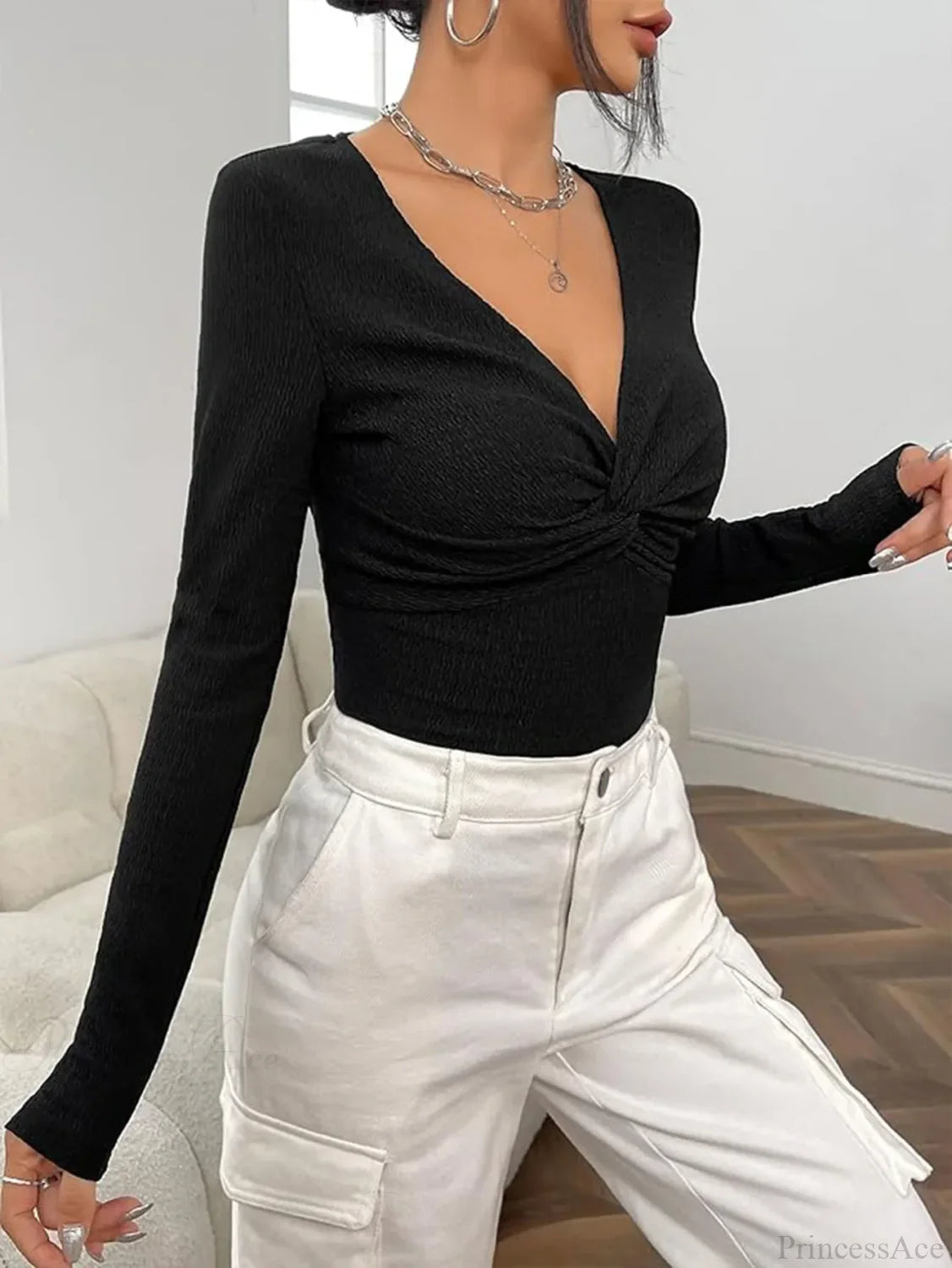 Sexy V-Neck Knitted Base Shirt Figure Slim Fit Top Women knittop-250126