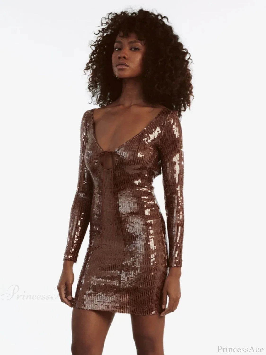 Sexy V Neck Long Sleeves Backless Sequin Mini Dress Women Christmas Party Dresses-L