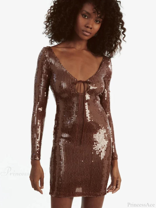 Sexy V Neck Long Sleeves Backless Sequin Mini Dress Women Christmas Party Dresses-L