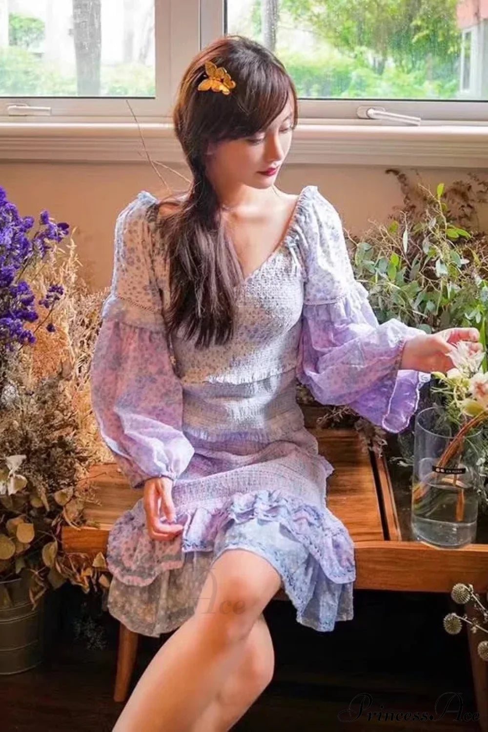 Sexy V-Neck Ruffle Floral Lantern Sleeve Boho Dress