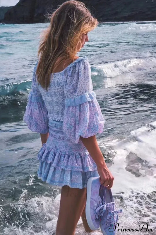 Sexy V-Neck Ruffle Floral Lantern Sleeve Boho Dress