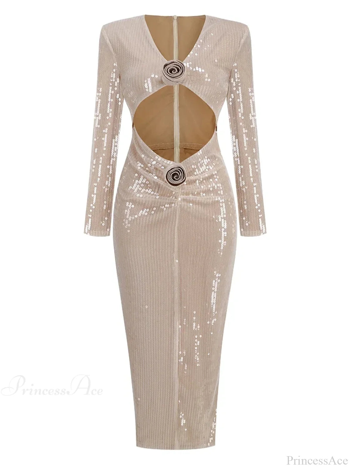 Sexy V Neck Sequins Cutout 3D Flower Dress Long Sleeves Christmas Party Khaki / S Dresses-L