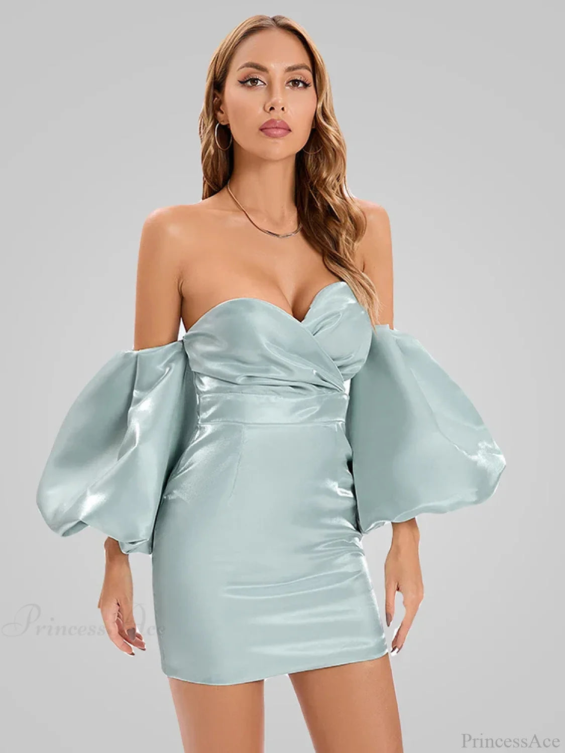 Sexy V-Neck Strapless Puff Sleeve Satin Midi Off Shoulder Christmas Party Dress Dresses-L
