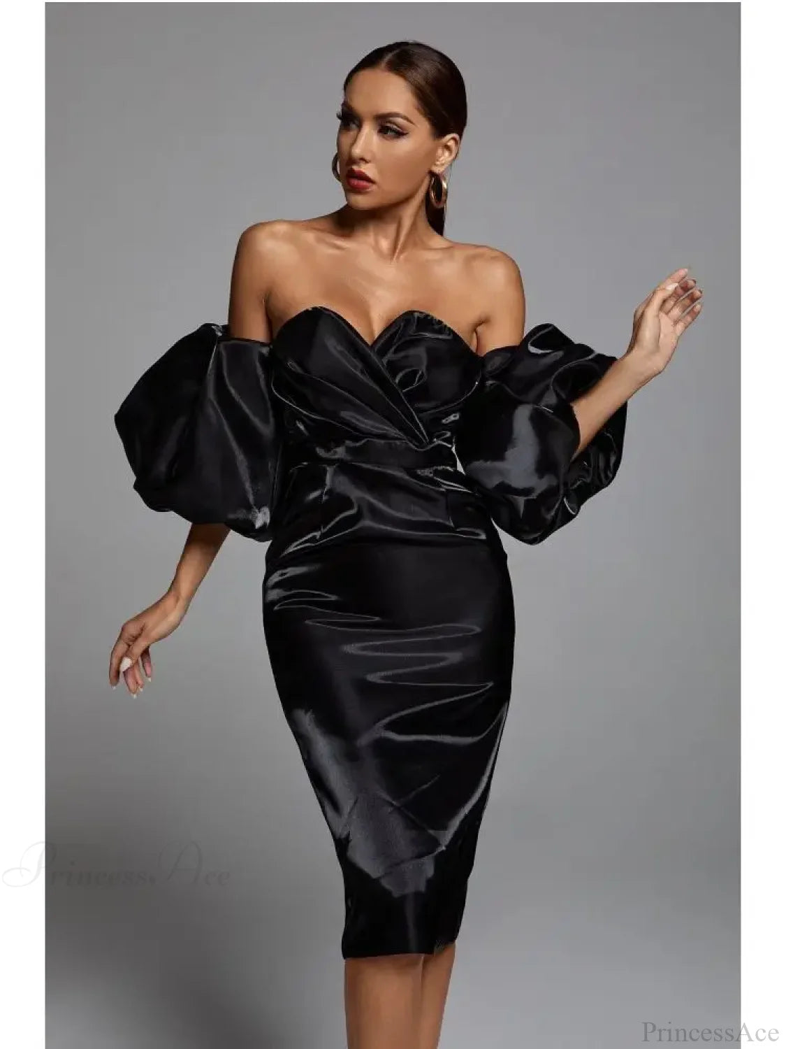 Sexy V-Neck Strapless Puff Sleeve Satin Midi Off Shoulder Christmas Party Dress Dresses-L