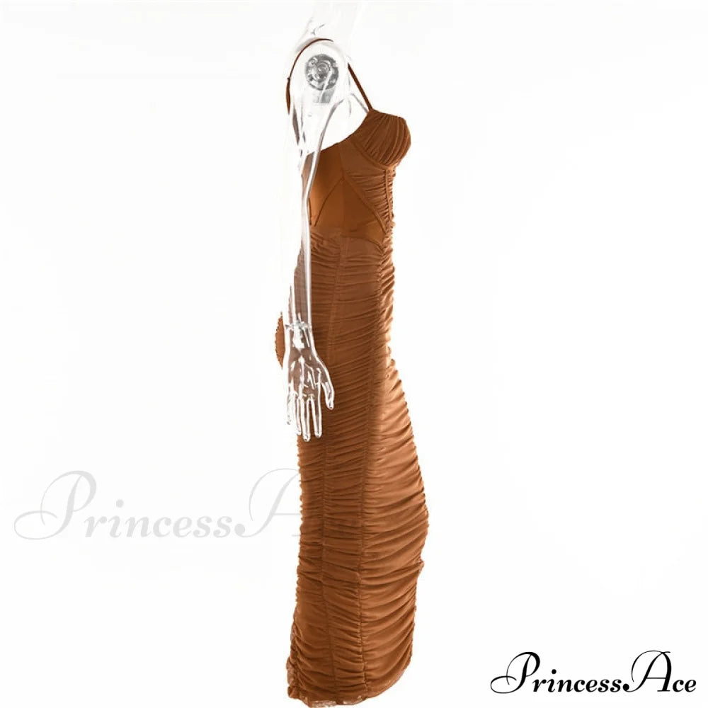 Sexy Warm-Season Strap Elegant Spaghetti Evening Woman Mesh Stretchy Party Gown Ruched Bodycon Long