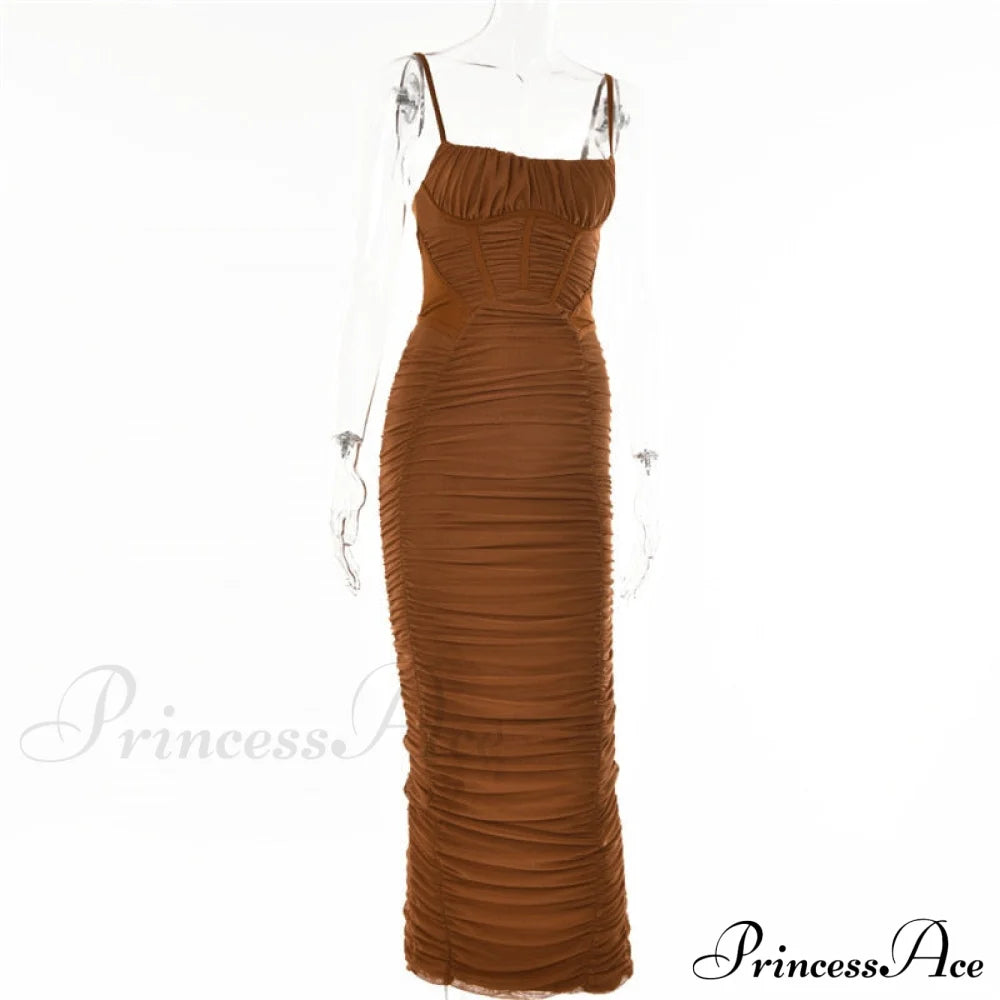 Sexy Warm-Season Strap Elegant Spaghetti Evening Woman Mesh Stretchy Party Gown Ruched Bodycon Long