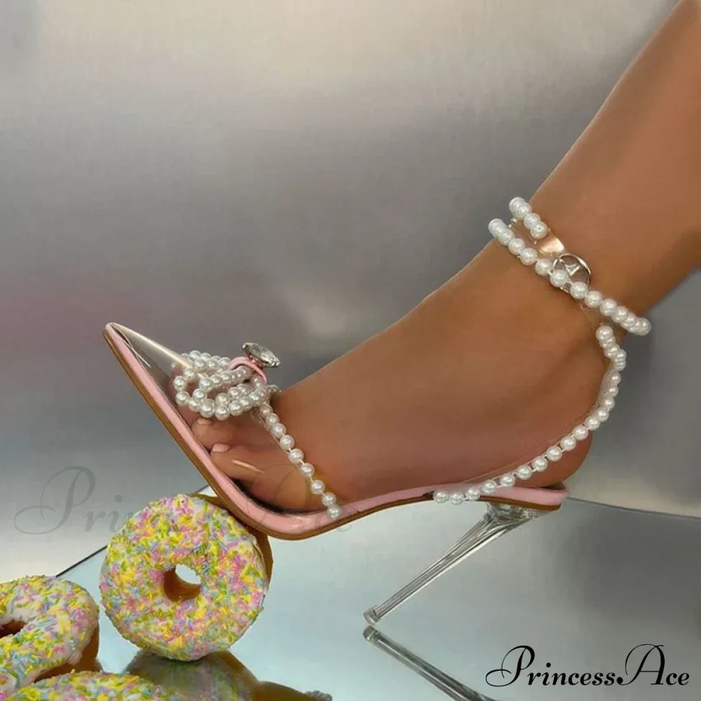 Sexy White String Bead Transparent High Heels Summer Fashion Butterfly-Knot Clear Sandals Pointed