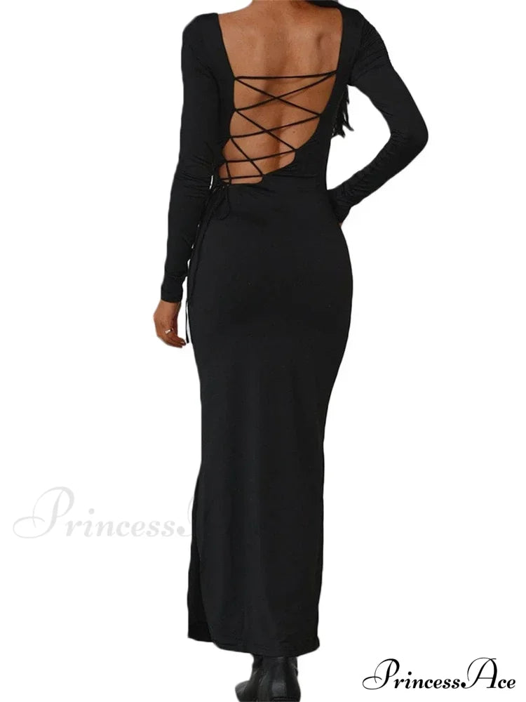 Sexy Women Backless Hollow Out Criss-Cross Tie-Up Sleeve Black Solid Slim Fit Party Vestidos / S