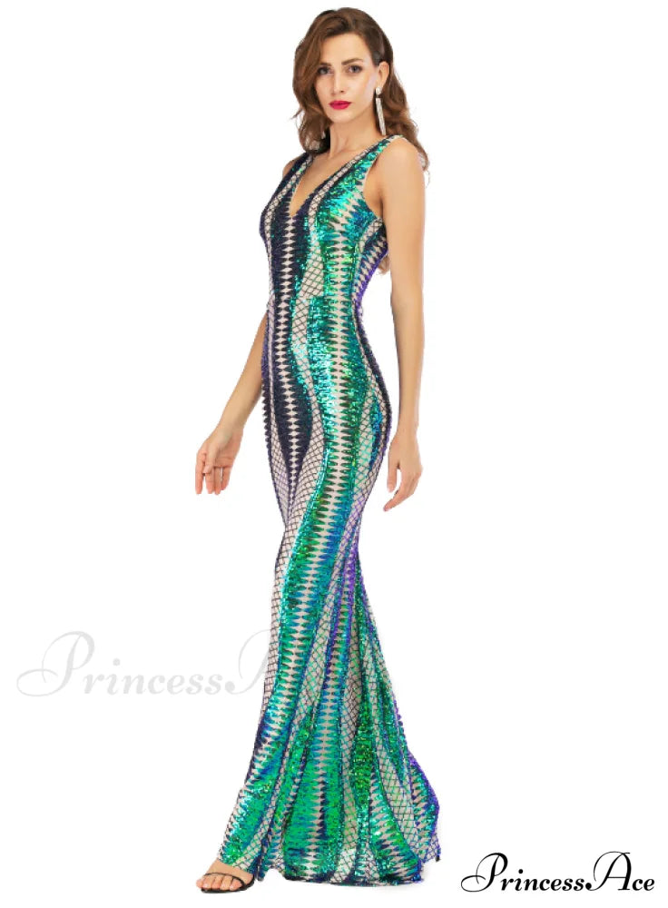 Sexy Women’s V-Neck Backless Elastic Sequined Dress - New Explosions In Europe And America L /