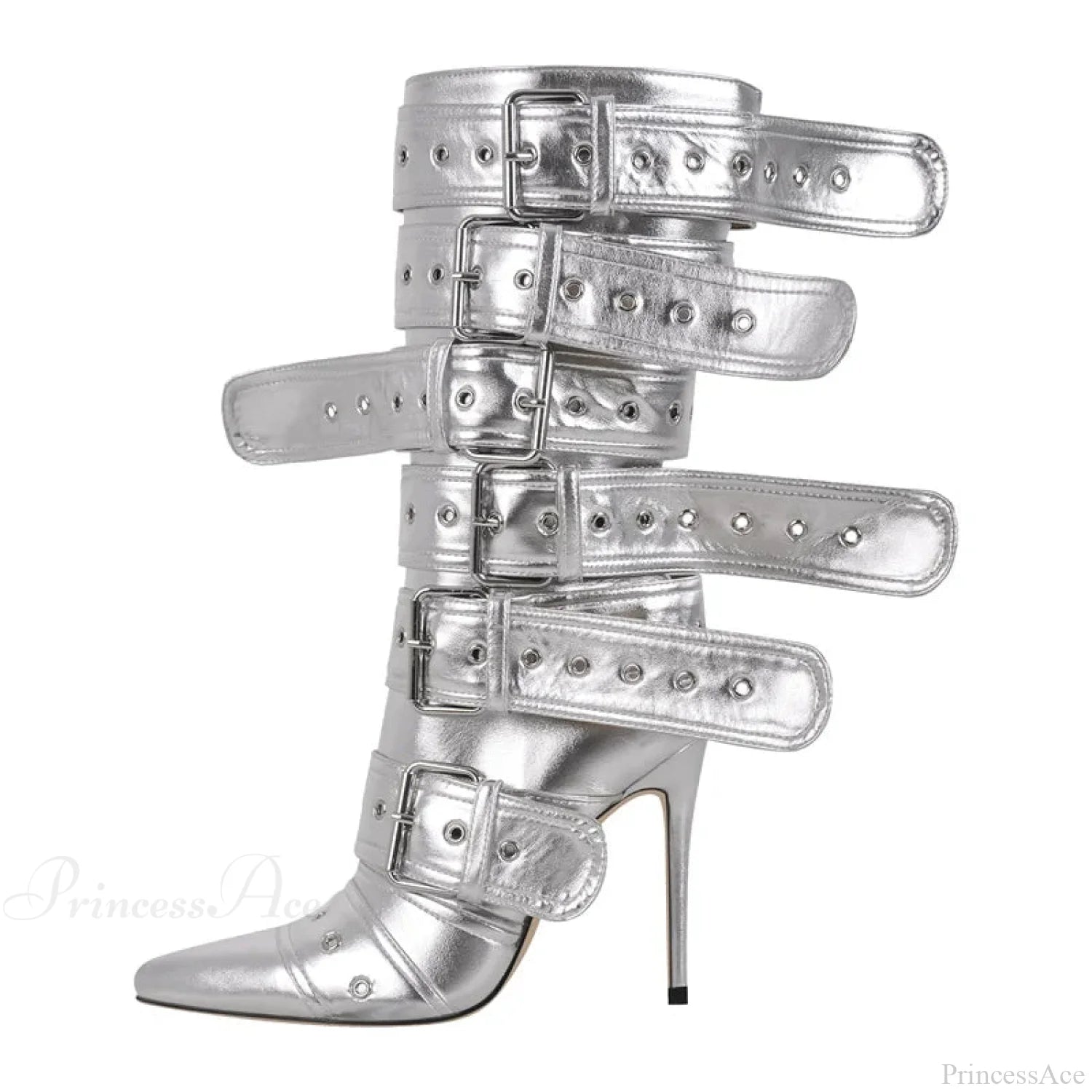 Sharp Toe Mid-Calf Clasp Stiletto Boot silver / 5