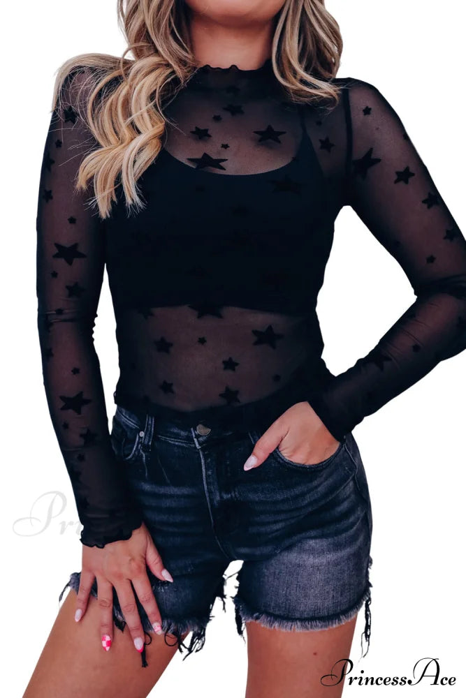 Sheer Arm Long Mesh In Top Star Embellished Black Tops