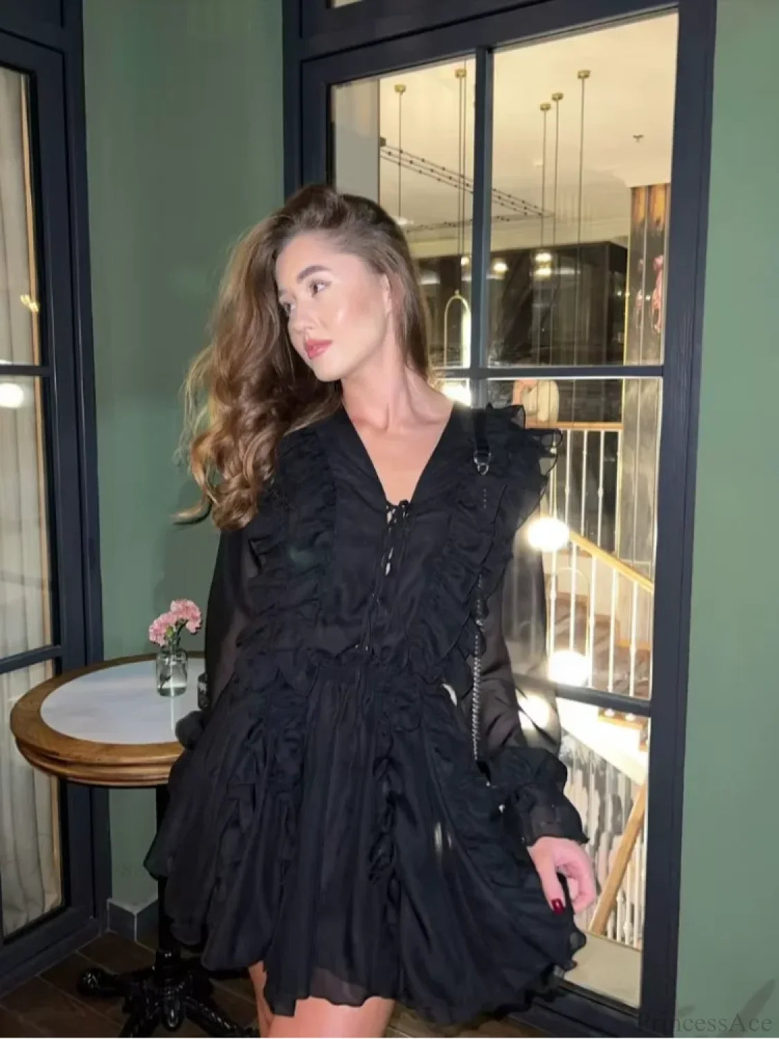 Sheer Lace Mesh Deep V Neck Blouse Black / S blouse-250223