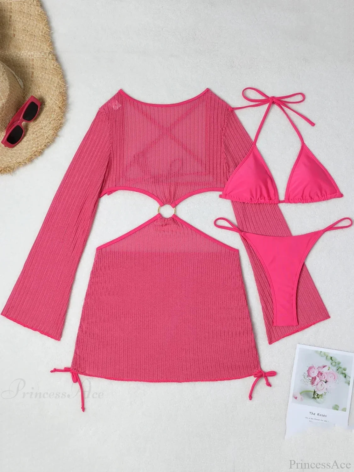 Sheer Long Sleeve Bikini Cover-Up Three Piece Swimsuit Rose / S