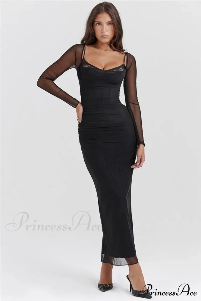 Sheer Long Sleeve Charming Bodycon Maxi Dress