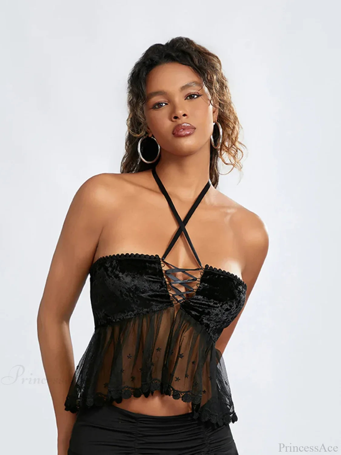 Sheer Mesh Halter Tie-up Strapless Backless Bandeau croptop-250126