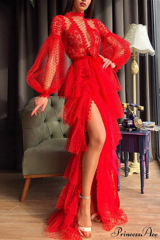 Sheer Mesh Long Sleeve Party Party Dress Red / S