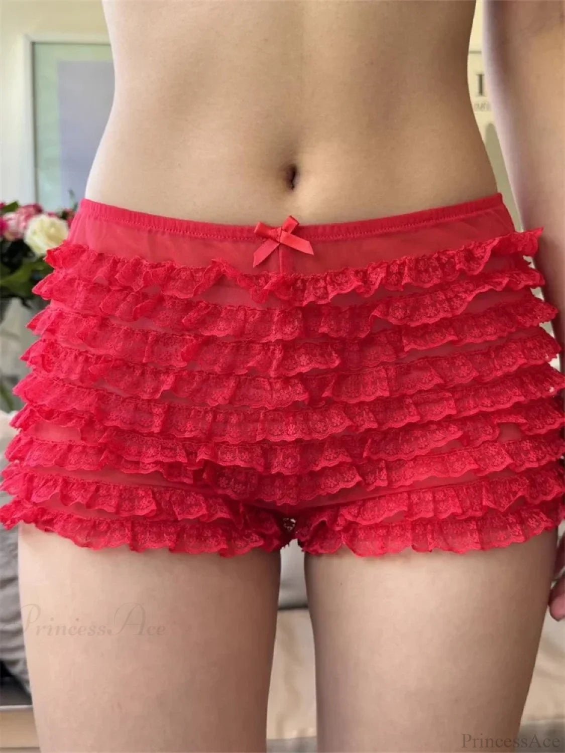 Sheer Mesh Ruffle Sleep Short red / S short-250223