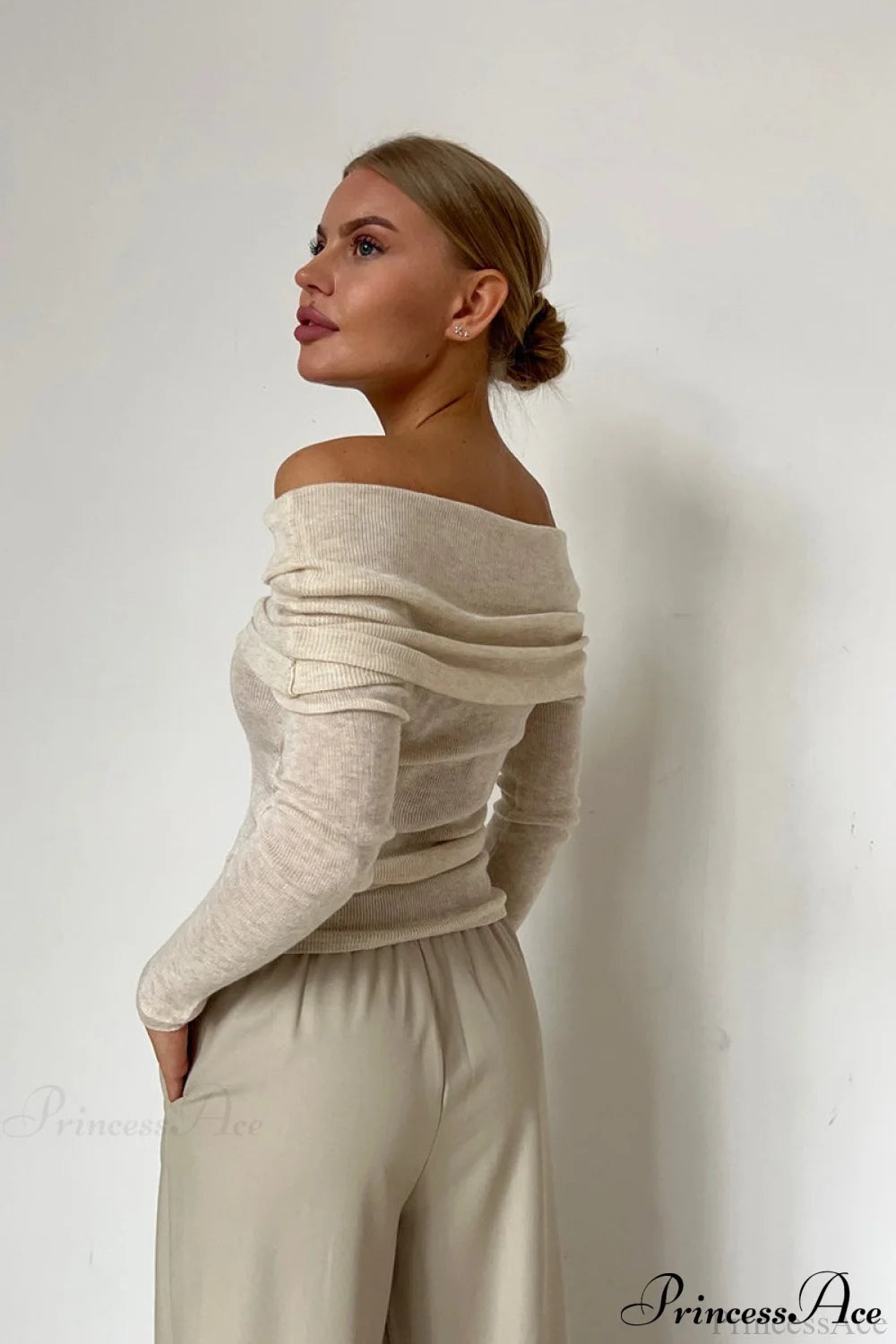 Sheer Off-Shoulder Fitted Solid Pullover Knit Top