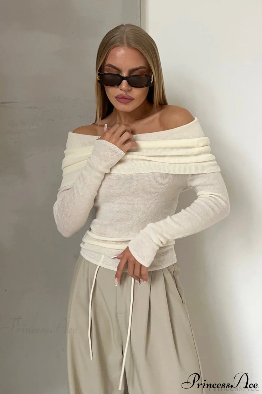 Sheer Off-Shoulder Fitted Solid Pullover Knit Top White / S