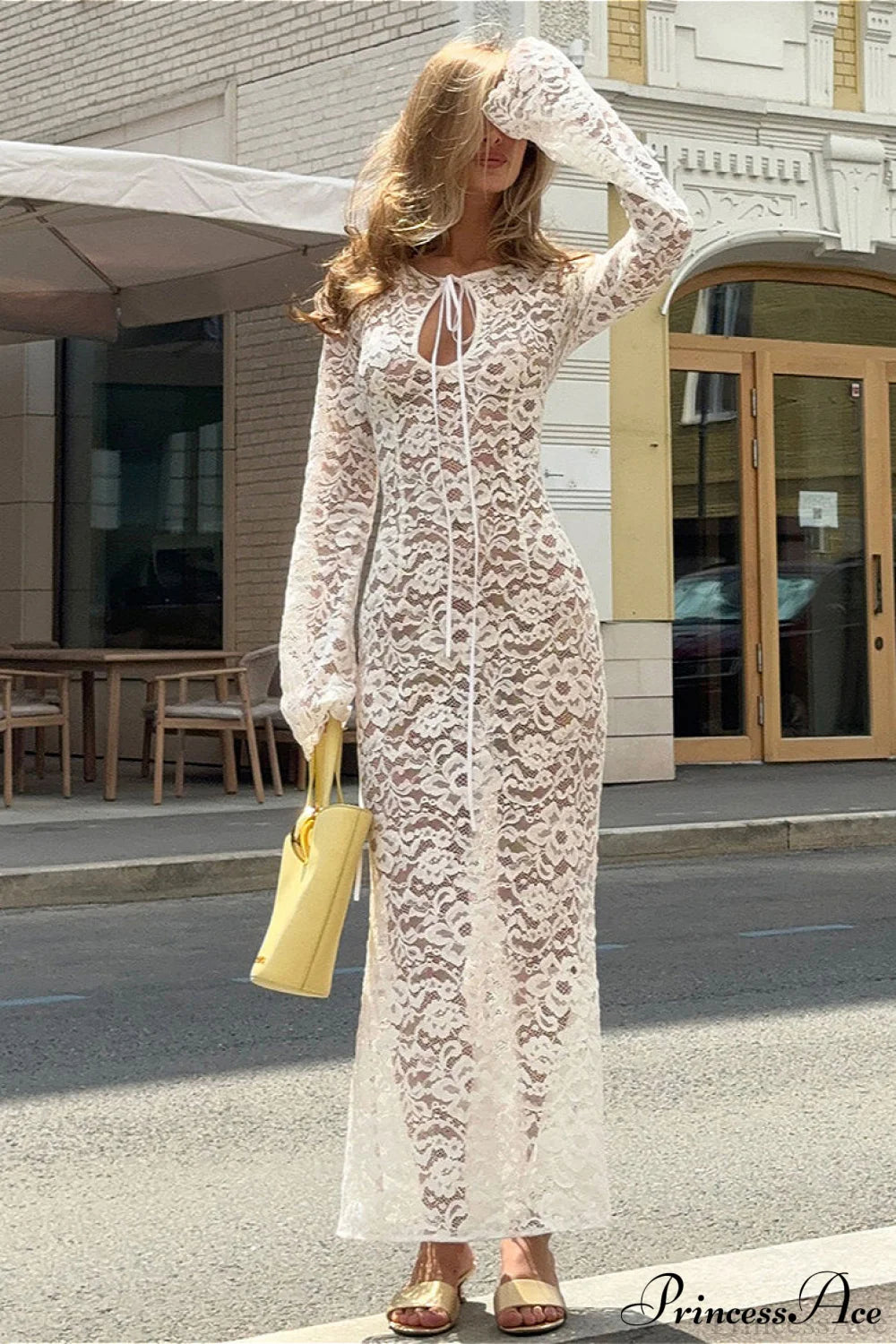Sheer Round Neck Lace Long Sleeve Elegant Maxi Dress