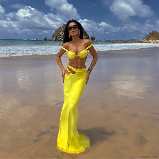 Shiny Bandeau Bikini with Cover Up Three Piece Swimsuit yellow / S