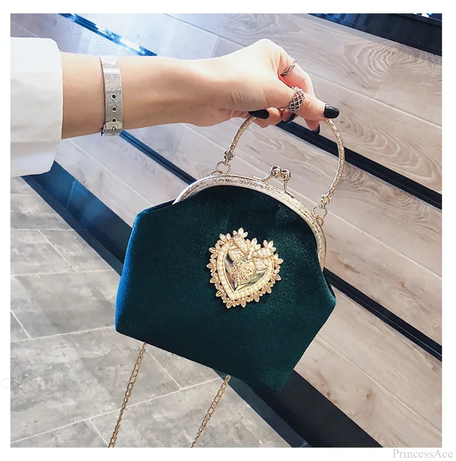 Shiny Heart Shape Evening Clutch Chain Shoulder Bag Green clutchbag-250126