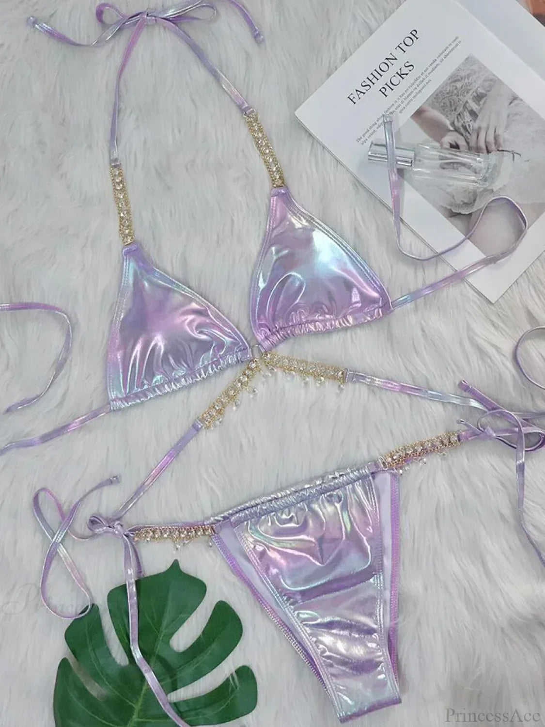 Shiny PU Leather Wrap Around Diamond Bikini Set Purple / S