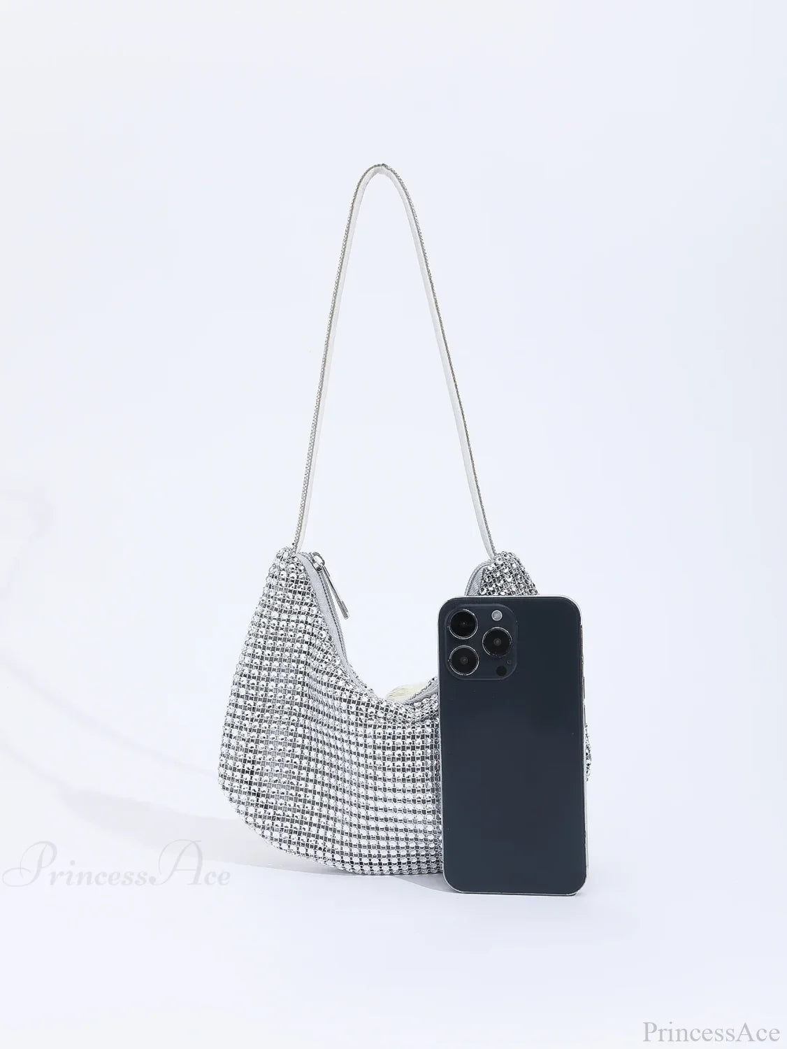 Shiny Rhinestone Zippered Solid Evening Clutch Bag Silver clutchbag-250126