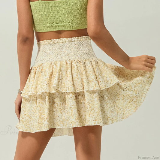 Shirred Floral Layered Ruffle Skirt skirts-250223