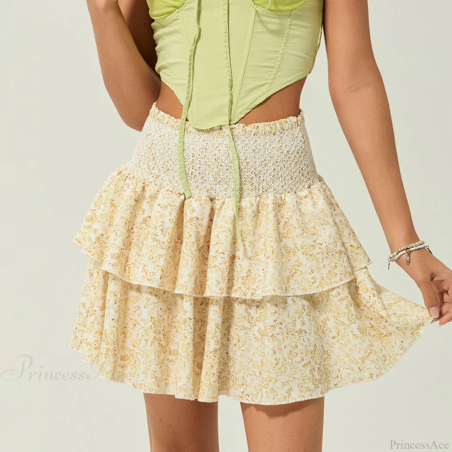 Shirred Floral Layered Ruffle Skirt Yellow / S skirts-250223