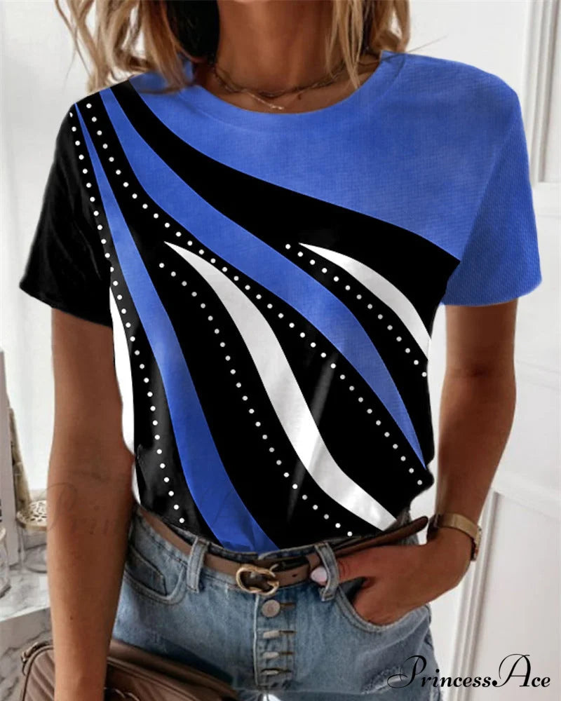 Printed short-sleeve crewneck T-shirt Blue 23BF clothes Short Sleeve Tops Spring Summer T-shirts Tops/Blouses