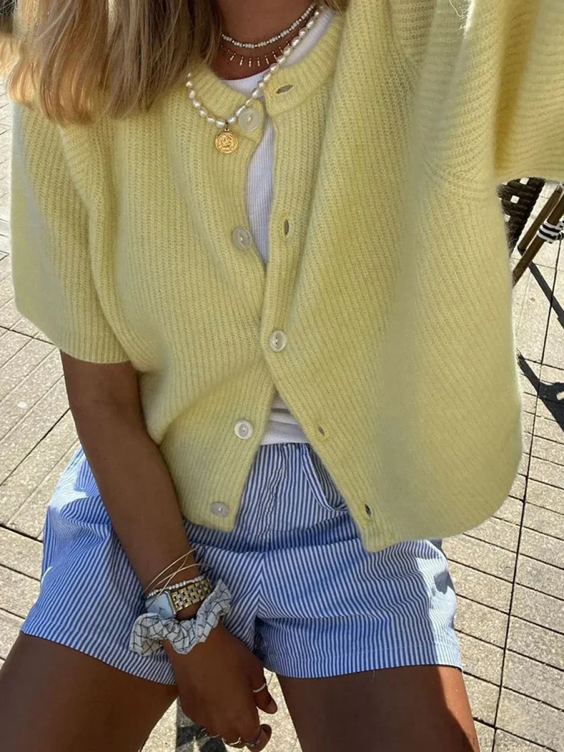 Short Sleeve Round Neck Button-Down Cardigan