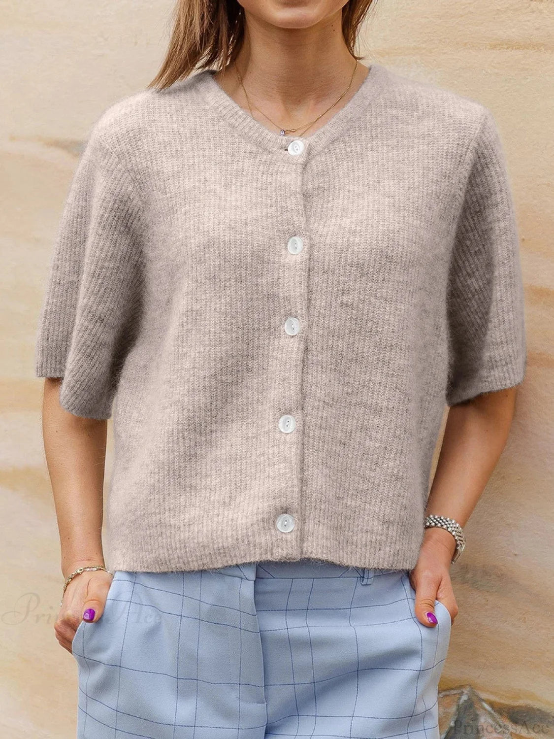 Short Sleeve Round Neck Button-Down Cardigan beige / S