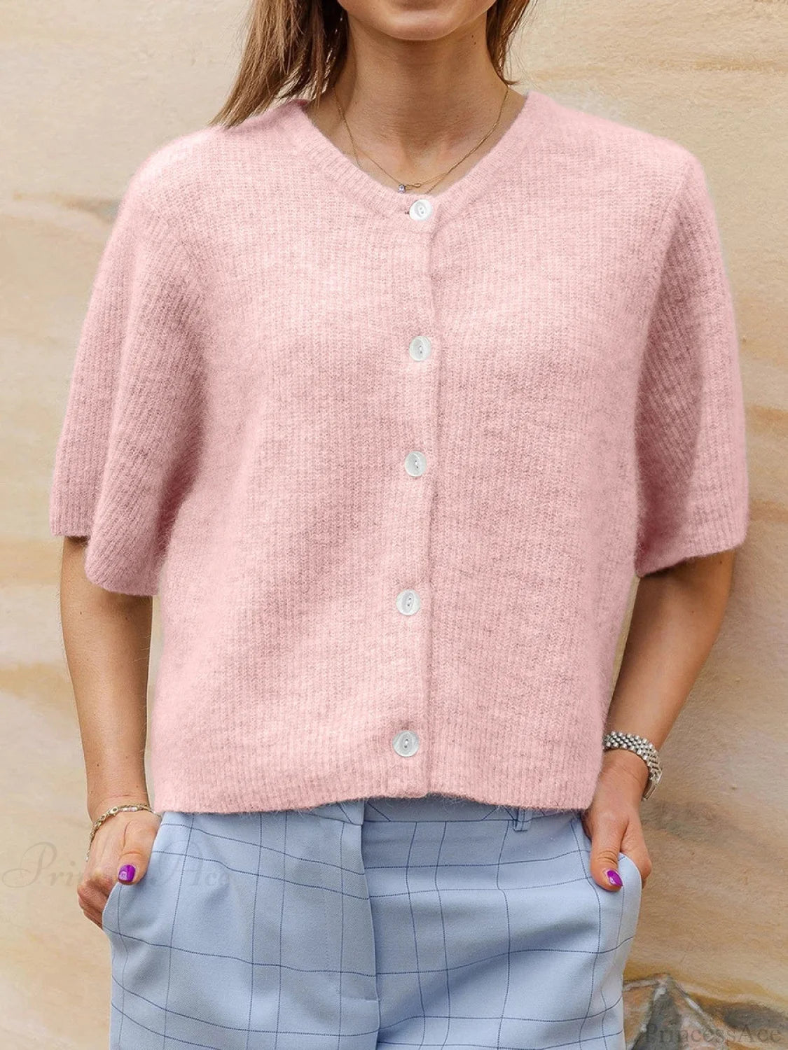 Short Sleeve Round Neck Button-Down Cardigan pink / S
