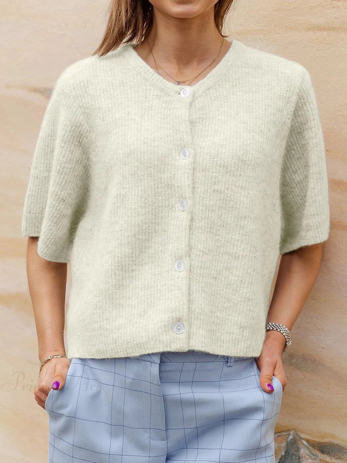 Short Sleeve Round Neck Button-Down Cardigan yellow / S