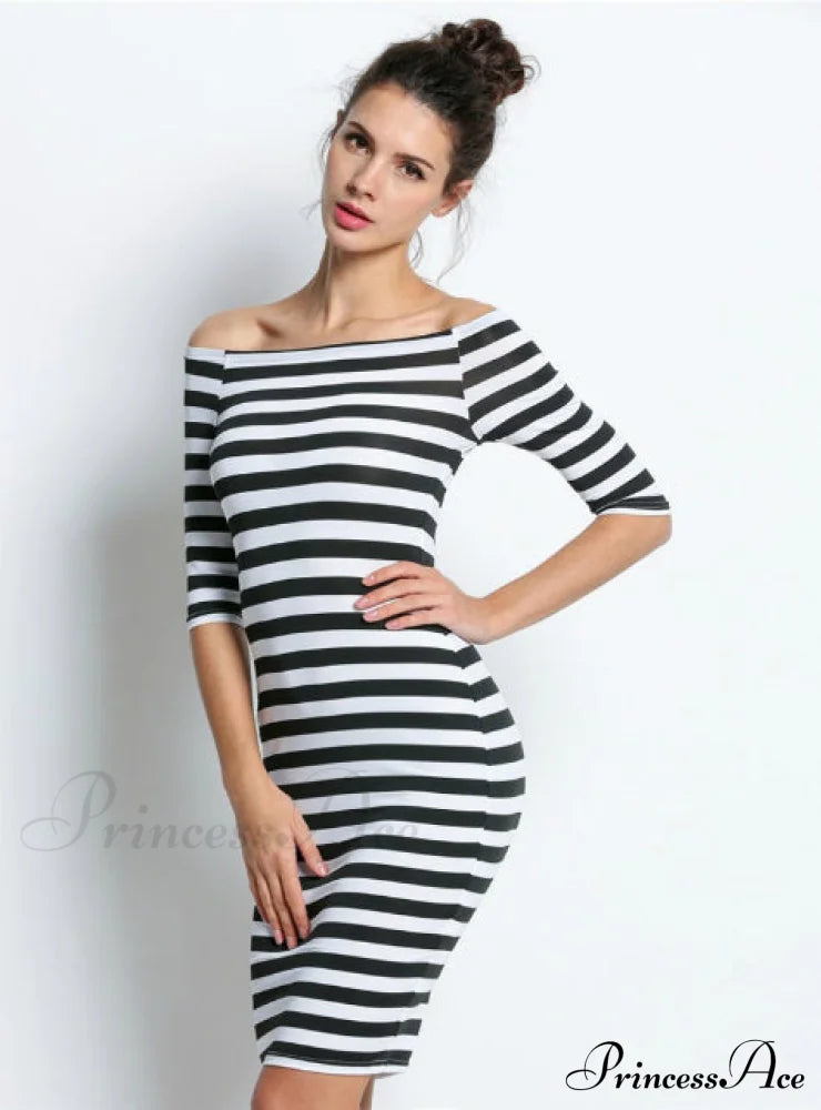 Short Sleeve Striped Sheath Dress M / Black Dresses