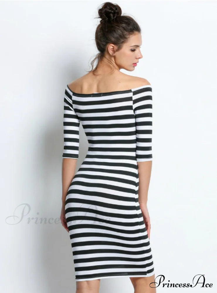 Short Sleeve Striped Sheath Dress M / Blue Dresses