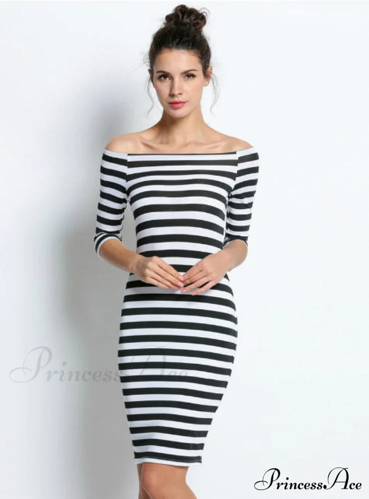 Short Sleeve Striped Sheath Dress S / Black Dresses
