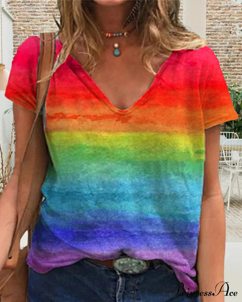 Short-Sleeved Print Rainbow V-Neck T-Shirt T-Shirts