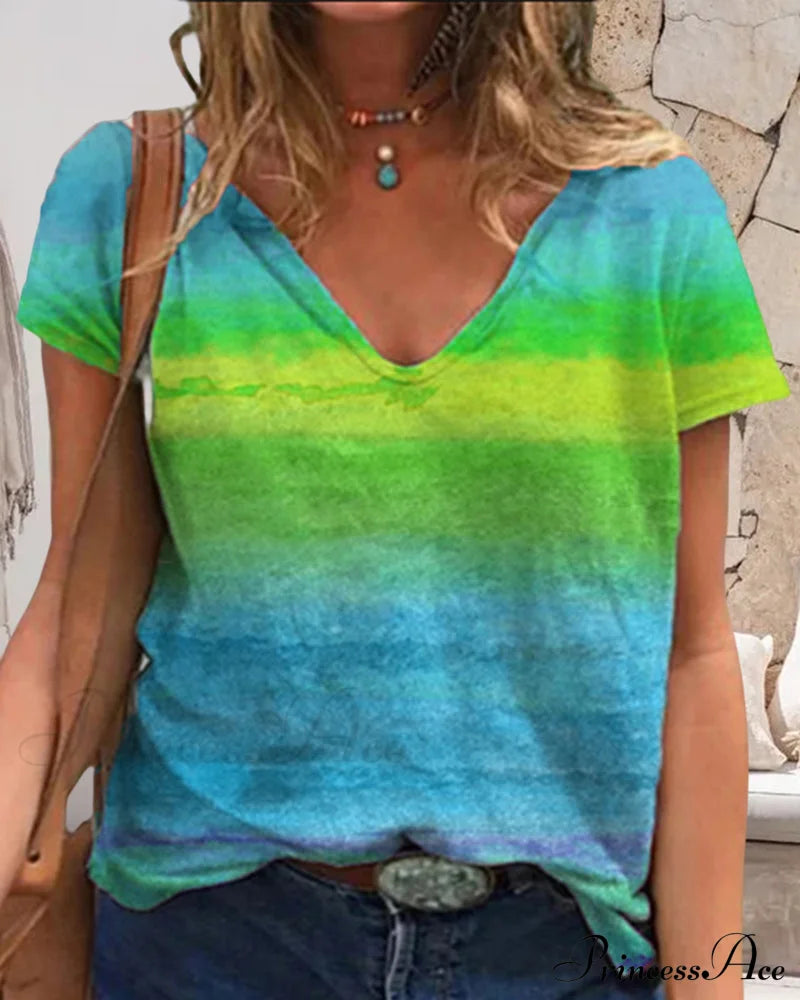 Short-Sleeved Print Rainbow V-Neck T-Shirt T-Shirts