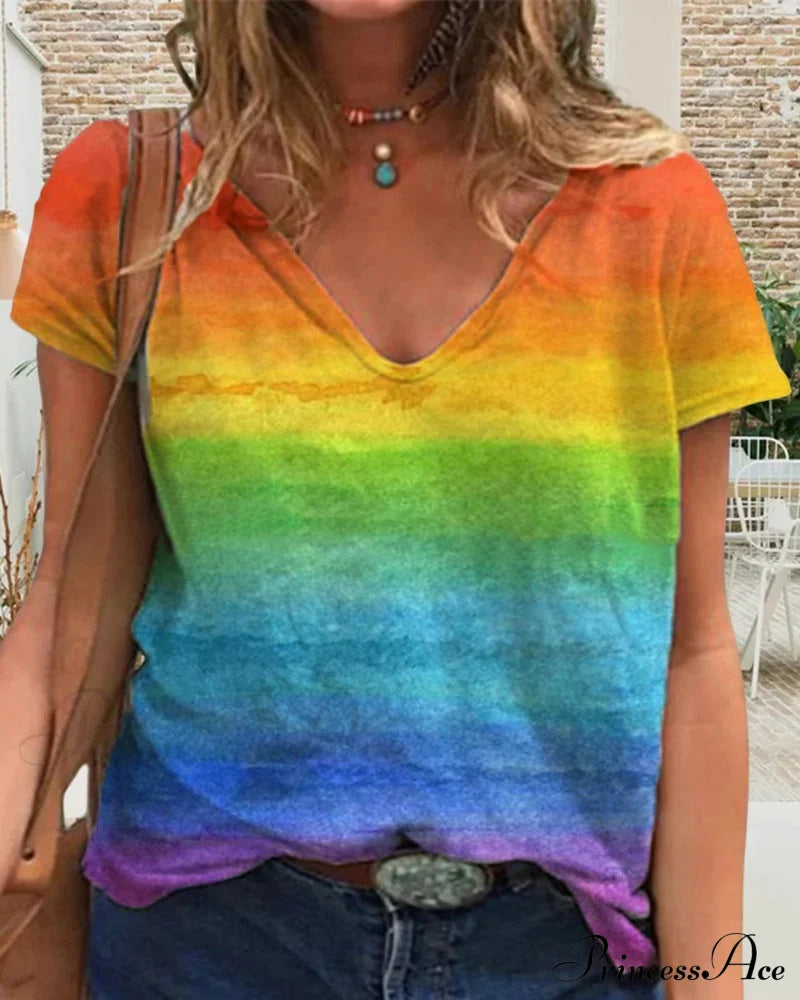 Short-Sleeved Print Rainbow V-Neck T-Shirt T-Shirts